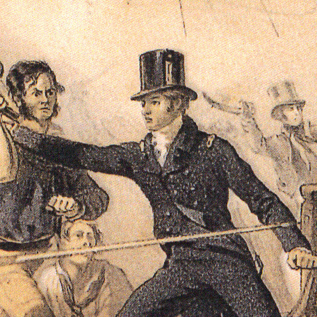 Detail of Captain Broke assailed by three Americans on Chesapeake. After parrying the pike man, he was struck by the sailor wielding the musket before the third American slashed his head with a cutlass. Coloured lithograph. De Saumarez family collect.